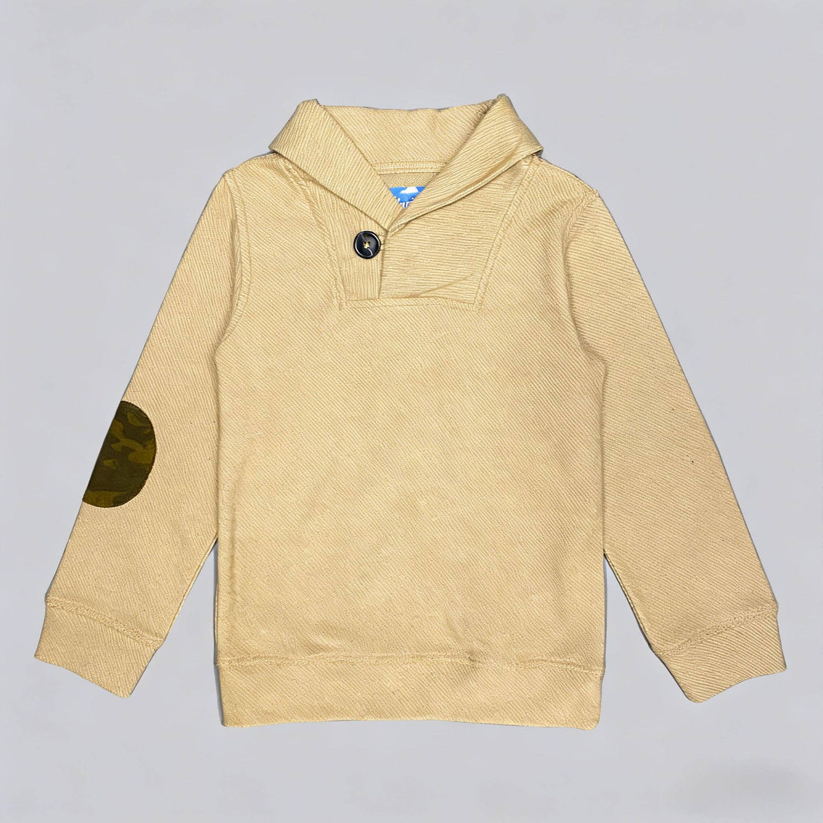 Kapital K Boys Tan Camo Elbow Patch Shawl Collar Sweater (12M–7)