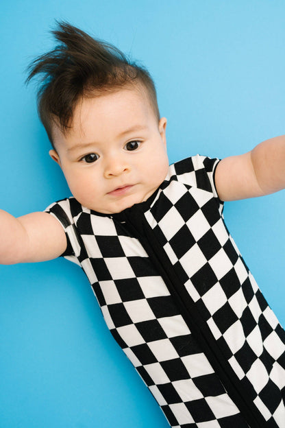 Black Checkered Bamboo Short Romper