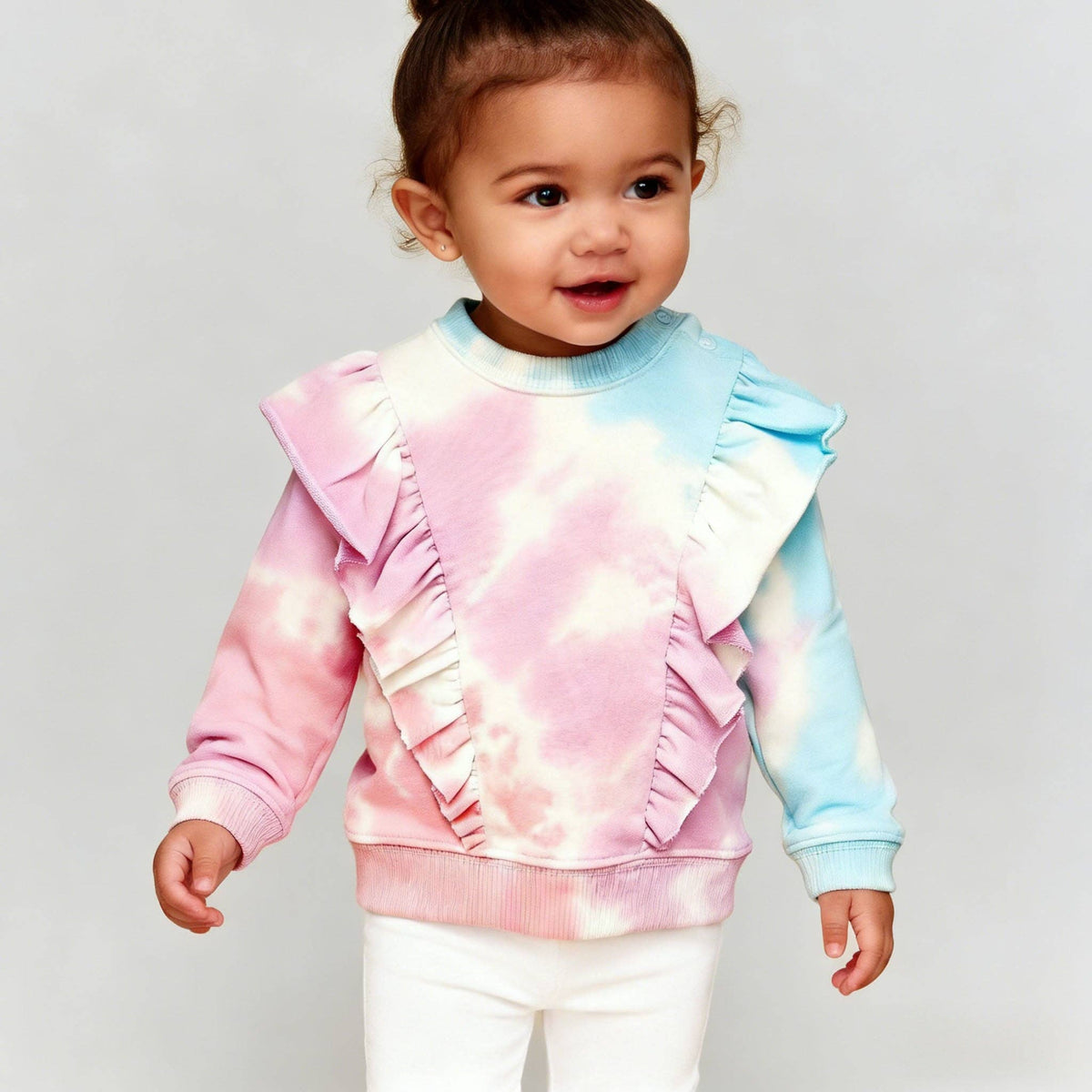 Kapital K Baby Girls Pastel Tie-Dye Ruffle Snap Sweatshirt (3/6M–24M)