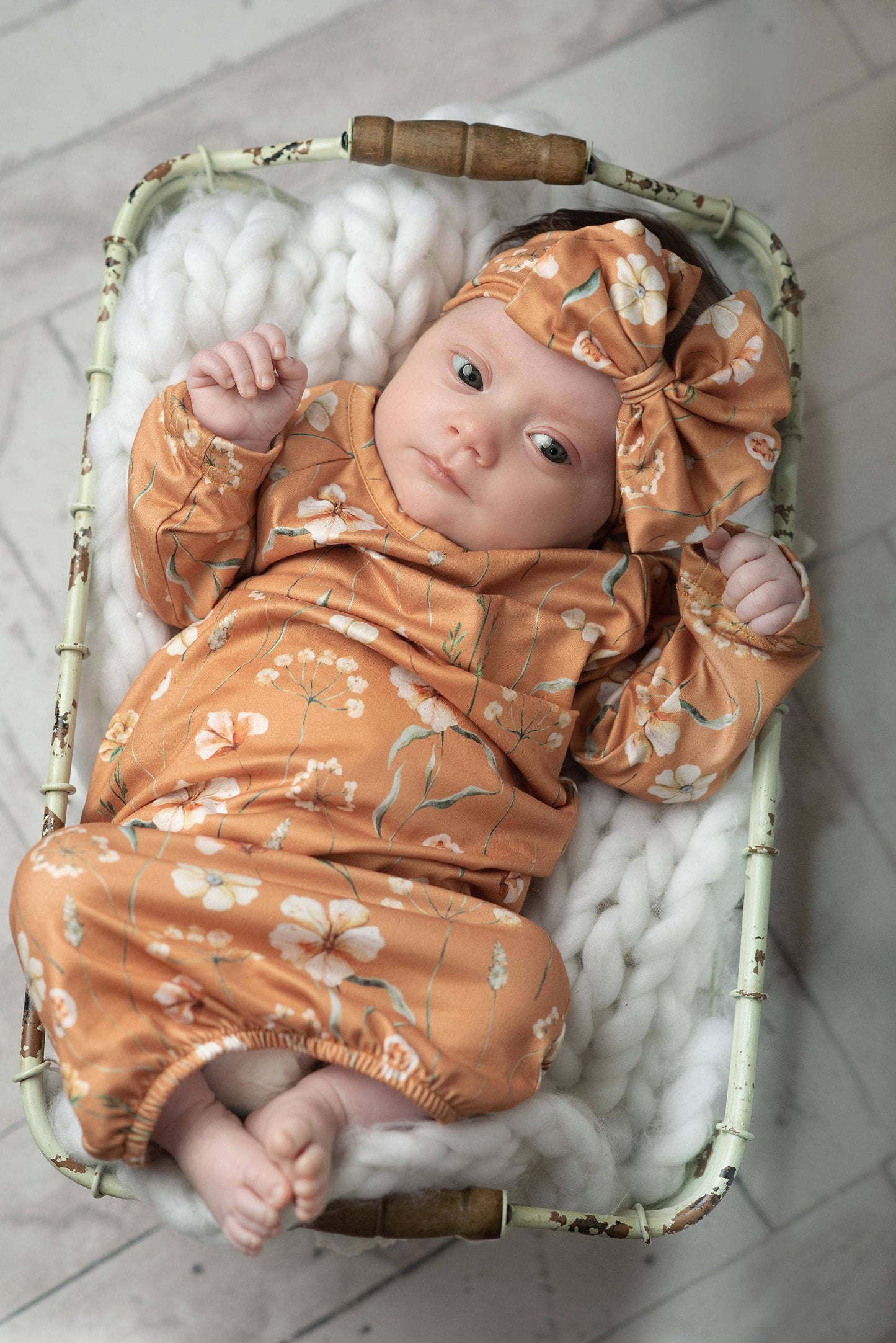 Infant Girls Rust Botanical Baby Gown and Bow Headband