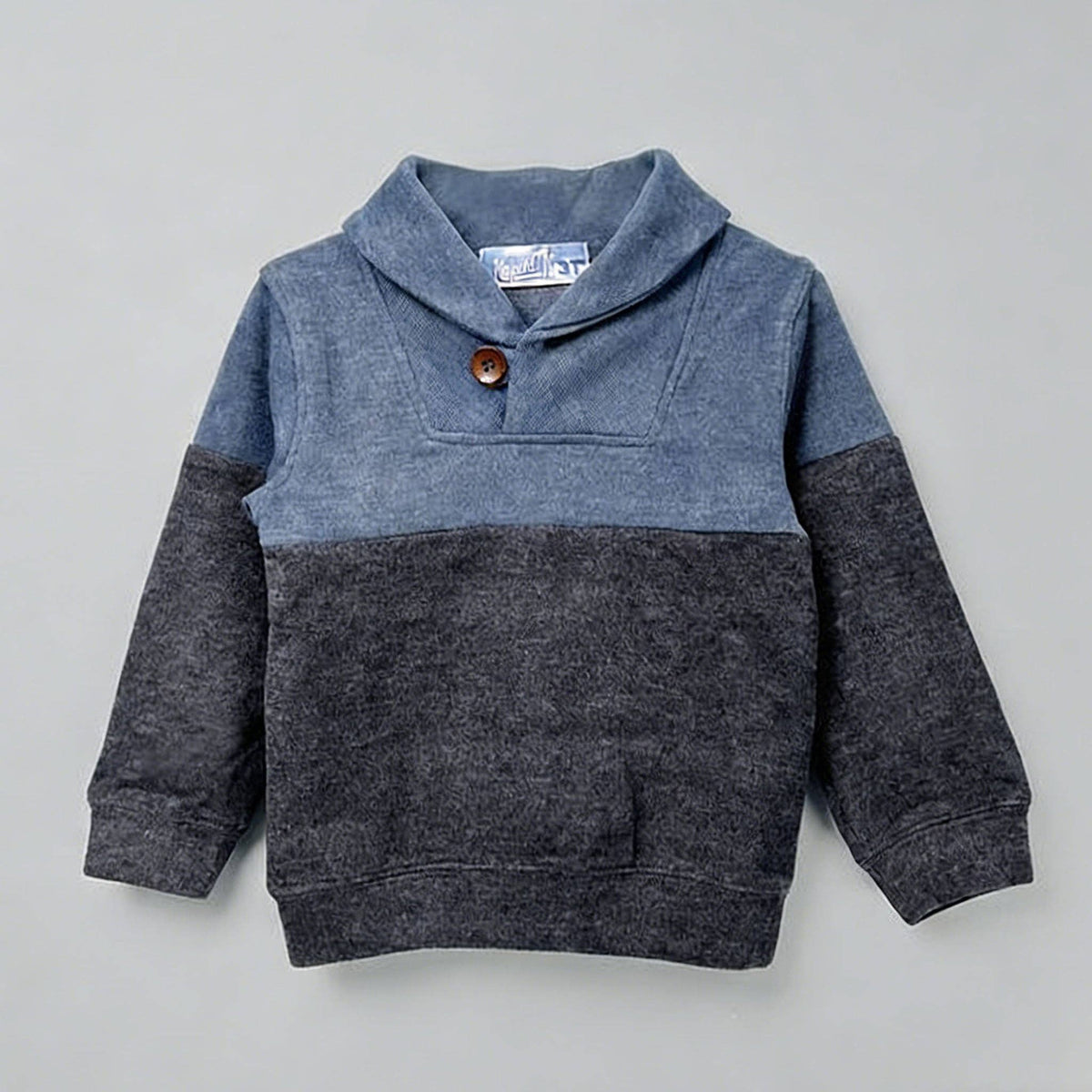 Kapital K Boys Blue & Charcoal Color Block Shawl Collar Sweatshirt (2T–7)