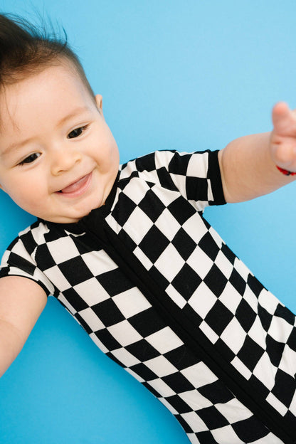 Black Checkered Bamboo Short Romper