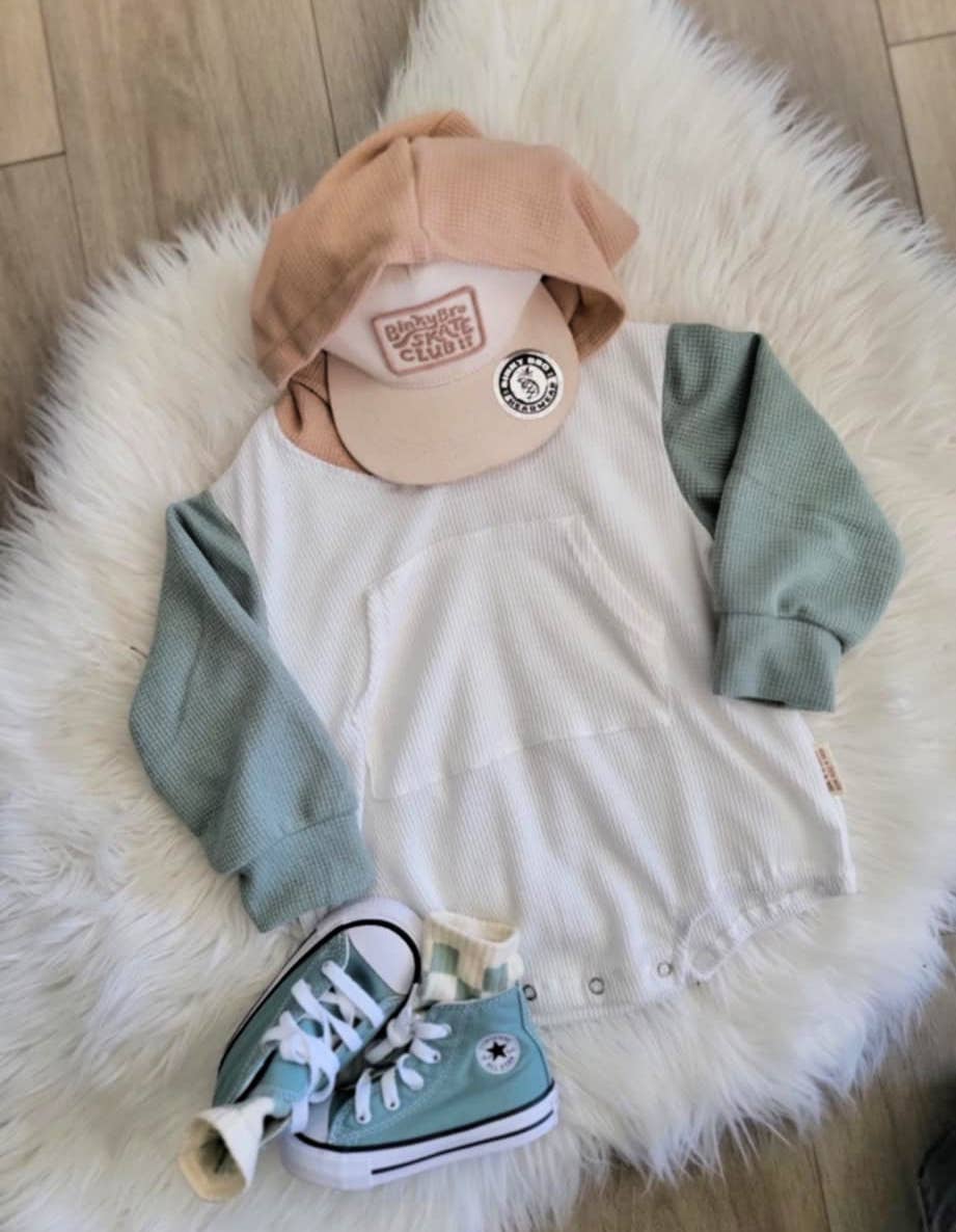 Pocket Bubble Romper- Sage Block WAFFLE KNIT