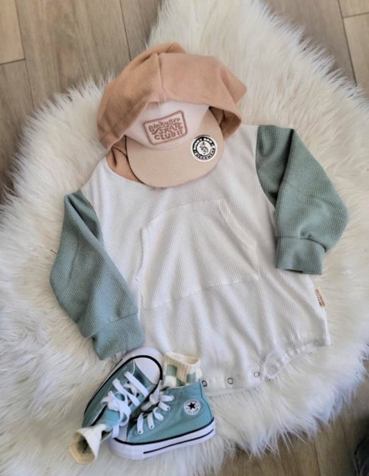 Pocket Bubble Romper- Sage Block WAFFLE KNIT