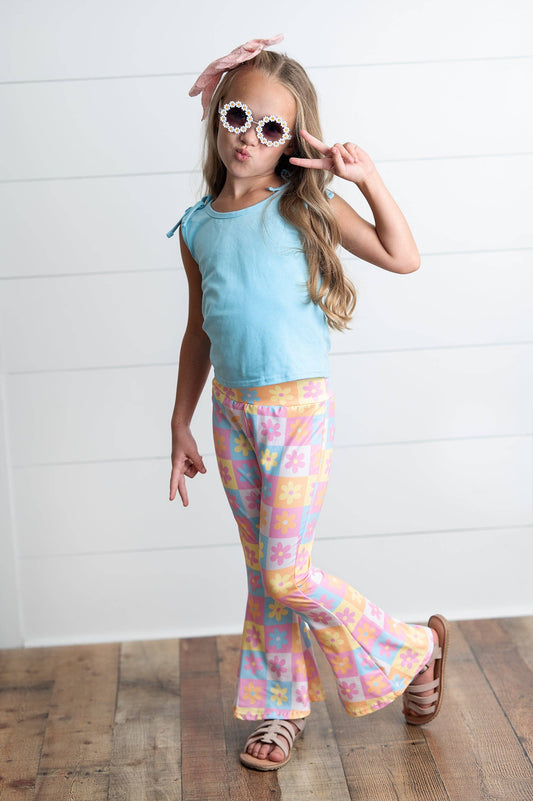 Girls Flare Floral Blue Pink Pastel Summer Spring Pant Set