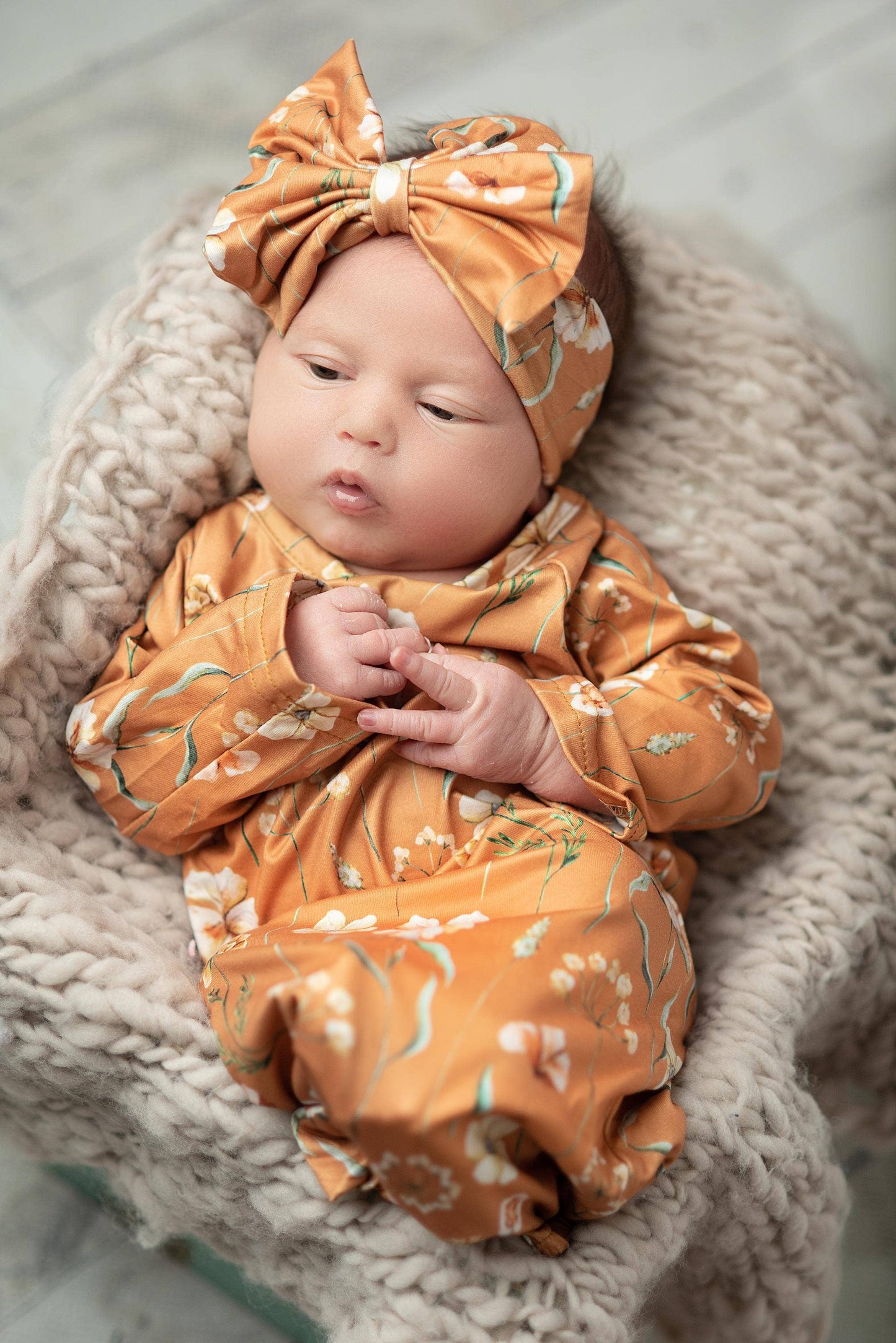 Infant Girls Rust Botanical Baby Gown and Bow Headband