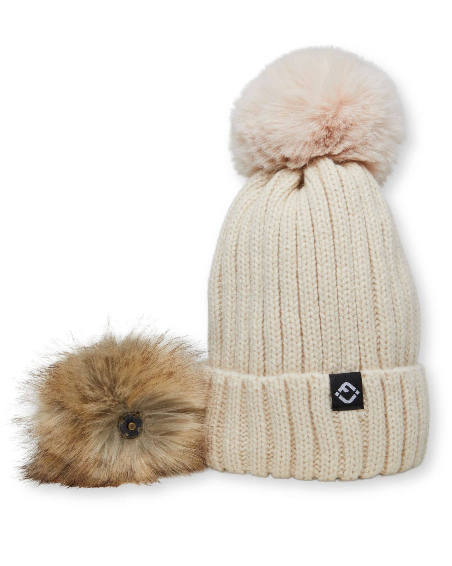 Kids Ribbed Knit Detachable Pom Beanie - Beige