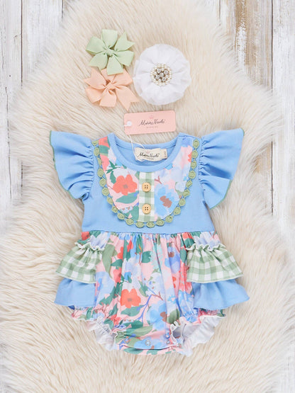 Olive & Blue Watercolor Florals Ruffle Bubble