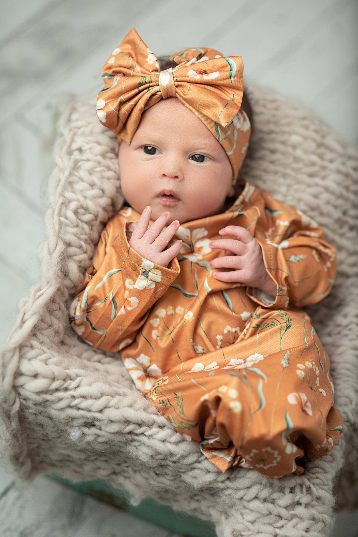 Infant Girls Rust Botanical Baby Gown and Bow Headband
