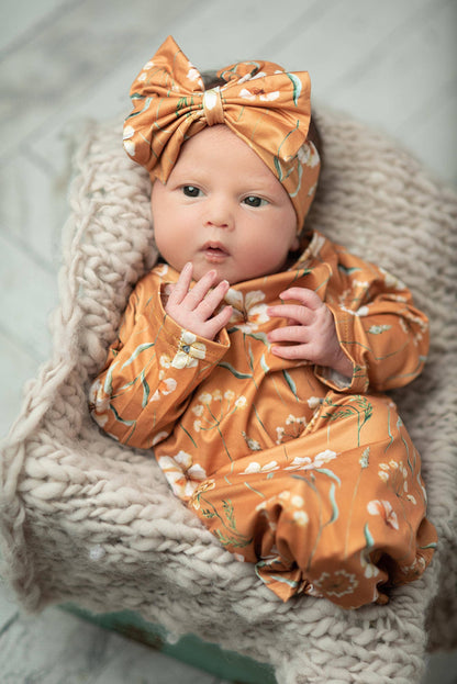 Infant Girls Rust Botanical Baby Gown and Bow Headband