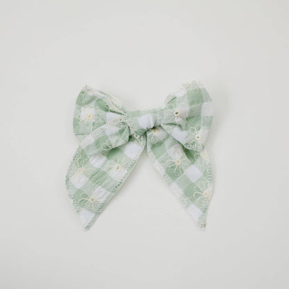 Medium Gingham Daisy Embroidered Linen Bow
