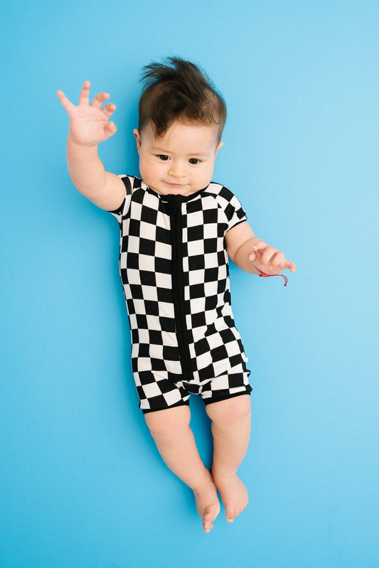 Black Checkered Bamboo Short Romper