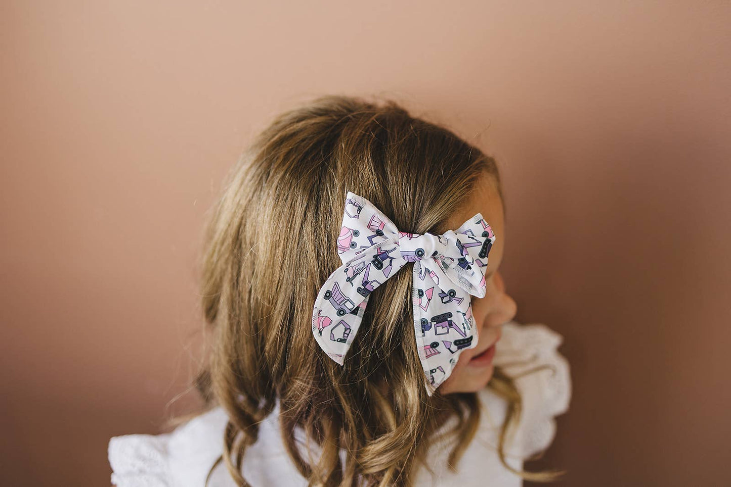 Pink and Purple Construction Trucks Serged Cotton 4" Bow