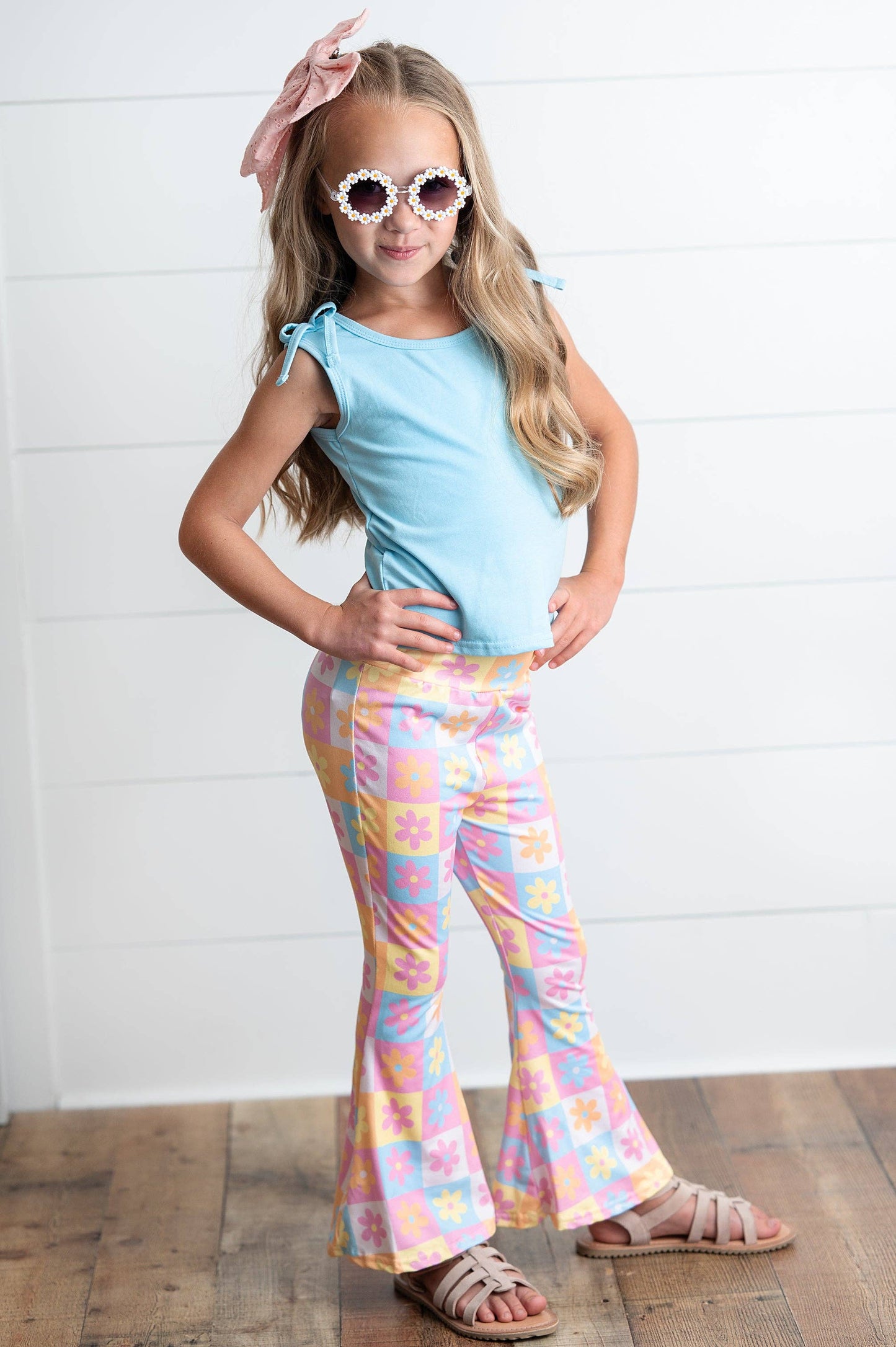 Girls Flare Floral Blue Pink Pastel Summer Spring Pant Set