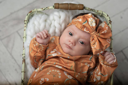 Infant Girls Rust Botanical Baby Gown and Bow Headband