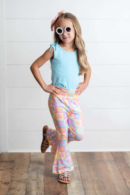 Girls Flare Floral Blue Pink Pastel Summer Spring Pant Set