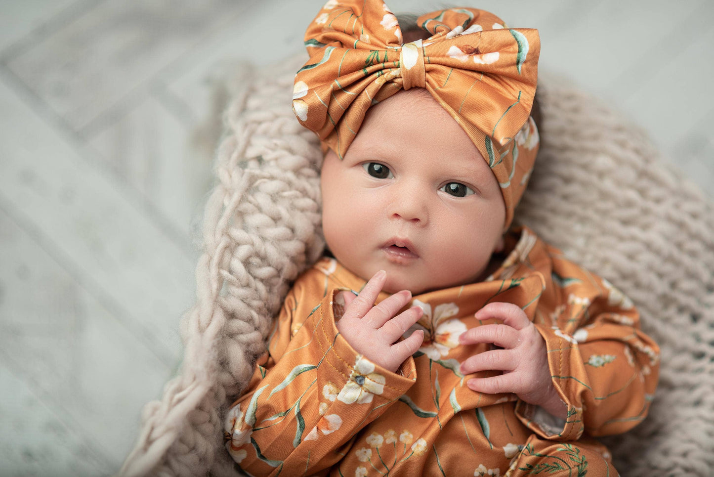 Infant Girls Rust Botanical Baby Gown and Bow Headband