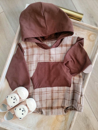 Pocket Bubble Romper- Brown Plaid Flannel