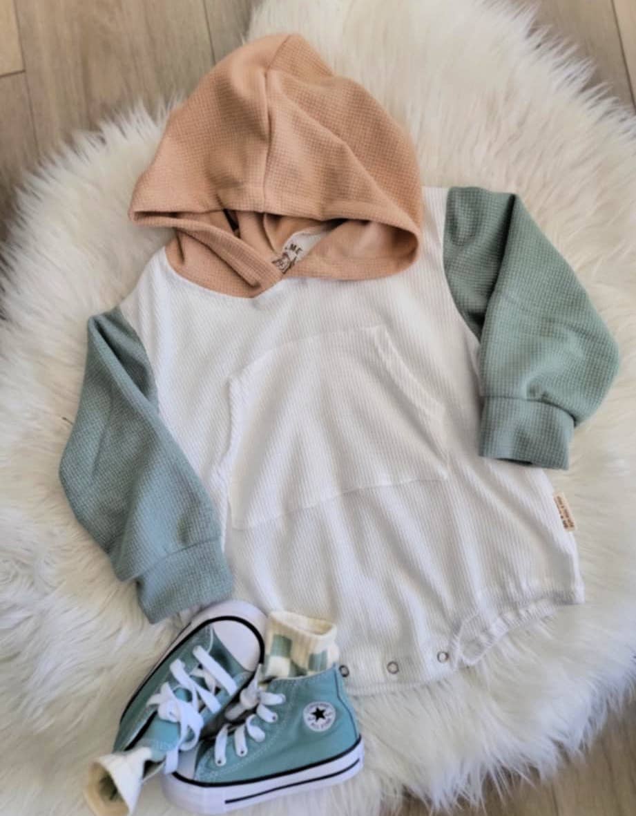 Pocket Bubble Romper- Sage Block WAFFLE KNIT
