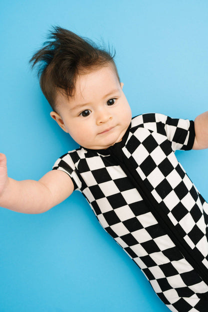 Black Checkered Bamboo Short Romper