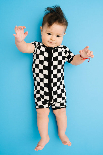 Black Checkered Bamboo Short Romper
