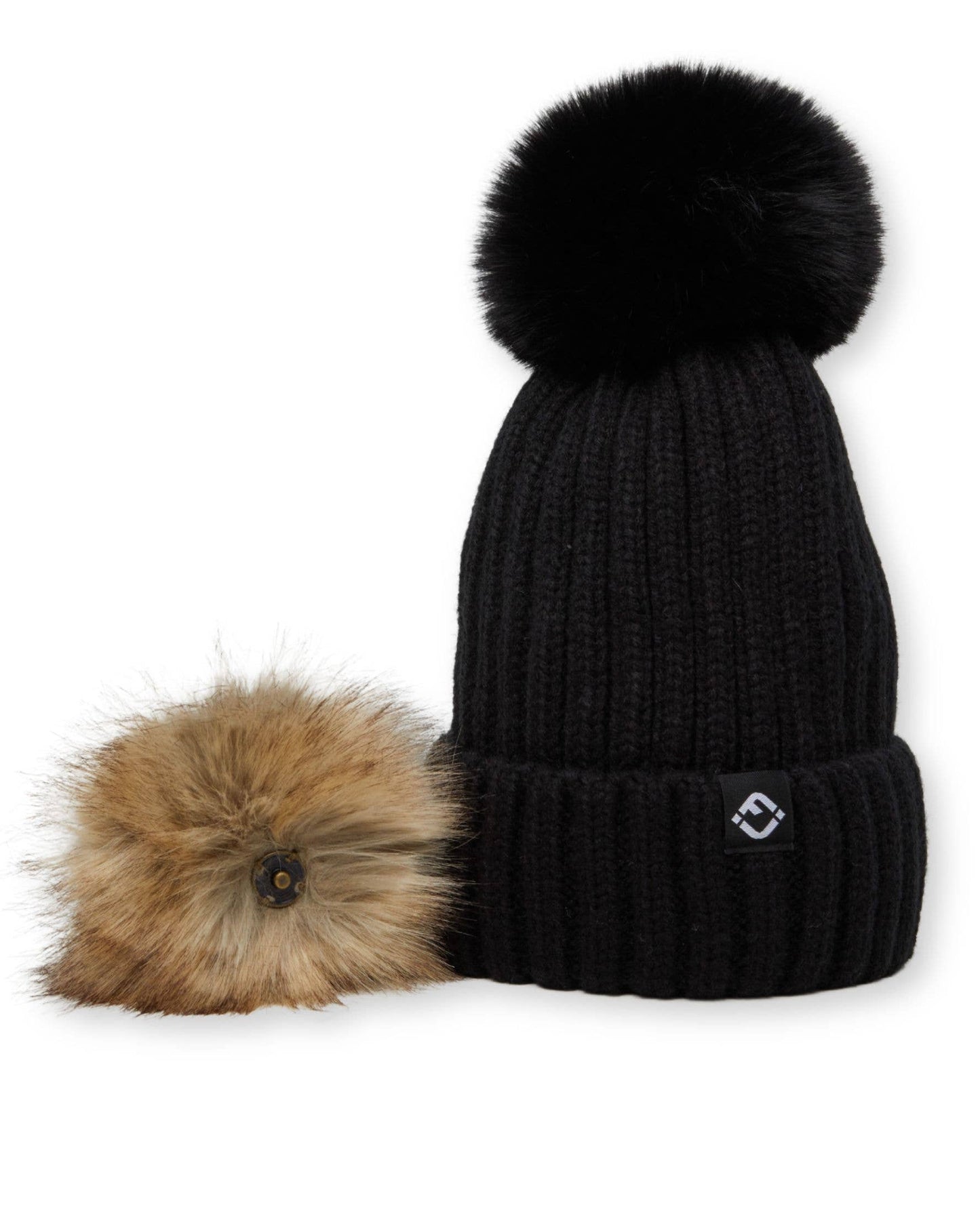 Kids Ribbed Knit Detachable Pom Beanie - Black