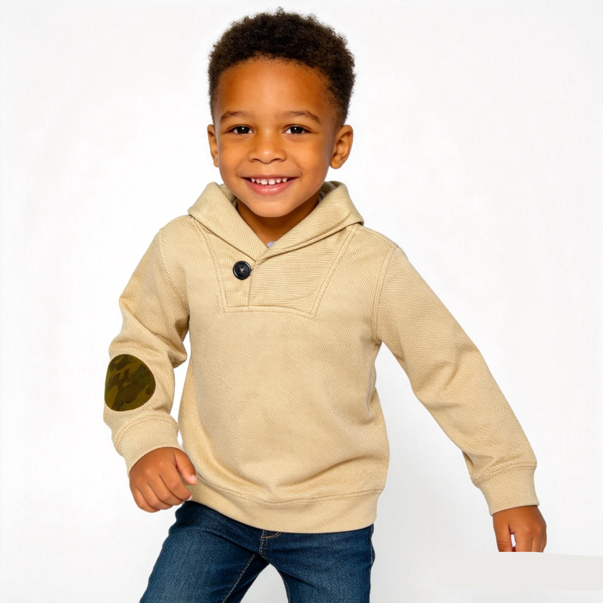 Kapital K Boys Tan Camo Elbow Patch Shawl Collar Sweater (12M–7)