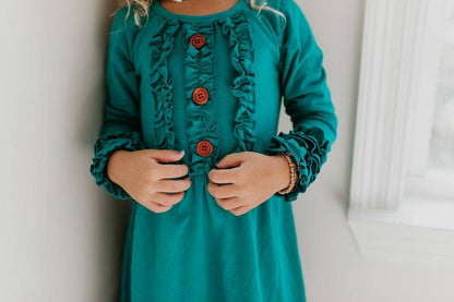 Kids Long Sleeve Dark Teal Ruffle Button Fall Winter Dress